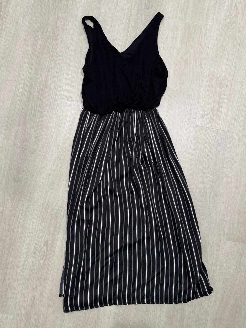 Black Sleeveless Midi Dress with Striped Skirt - Picture 1 of 6